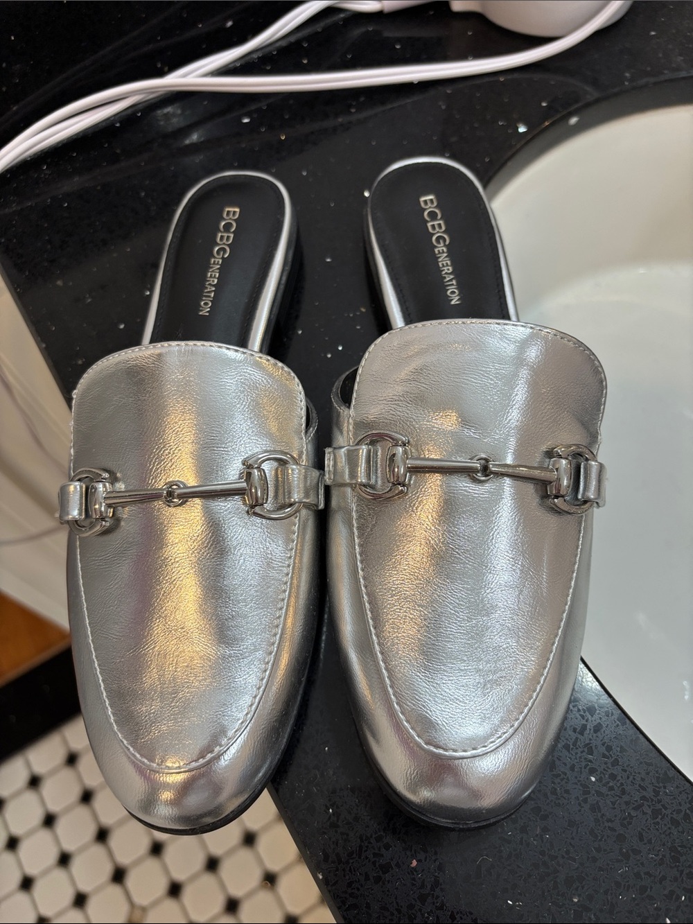 NWOT BCBGeneration Silver Metallic Slip-On Mules with Horsebit Accent